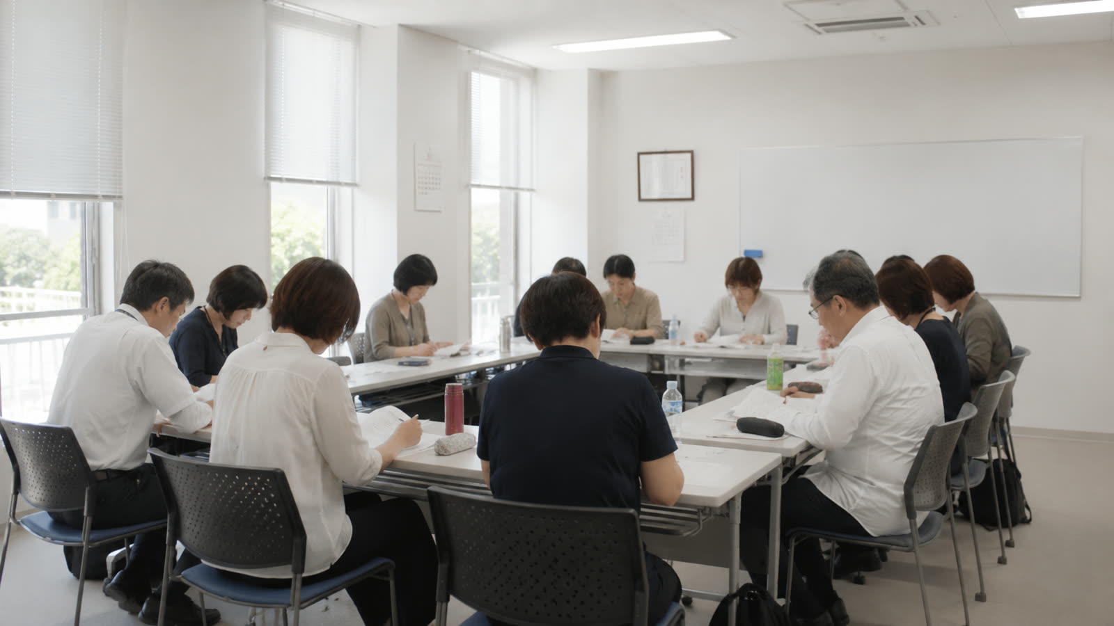 会議室で机を囲み、資料を見ながら研修を受けている参加者